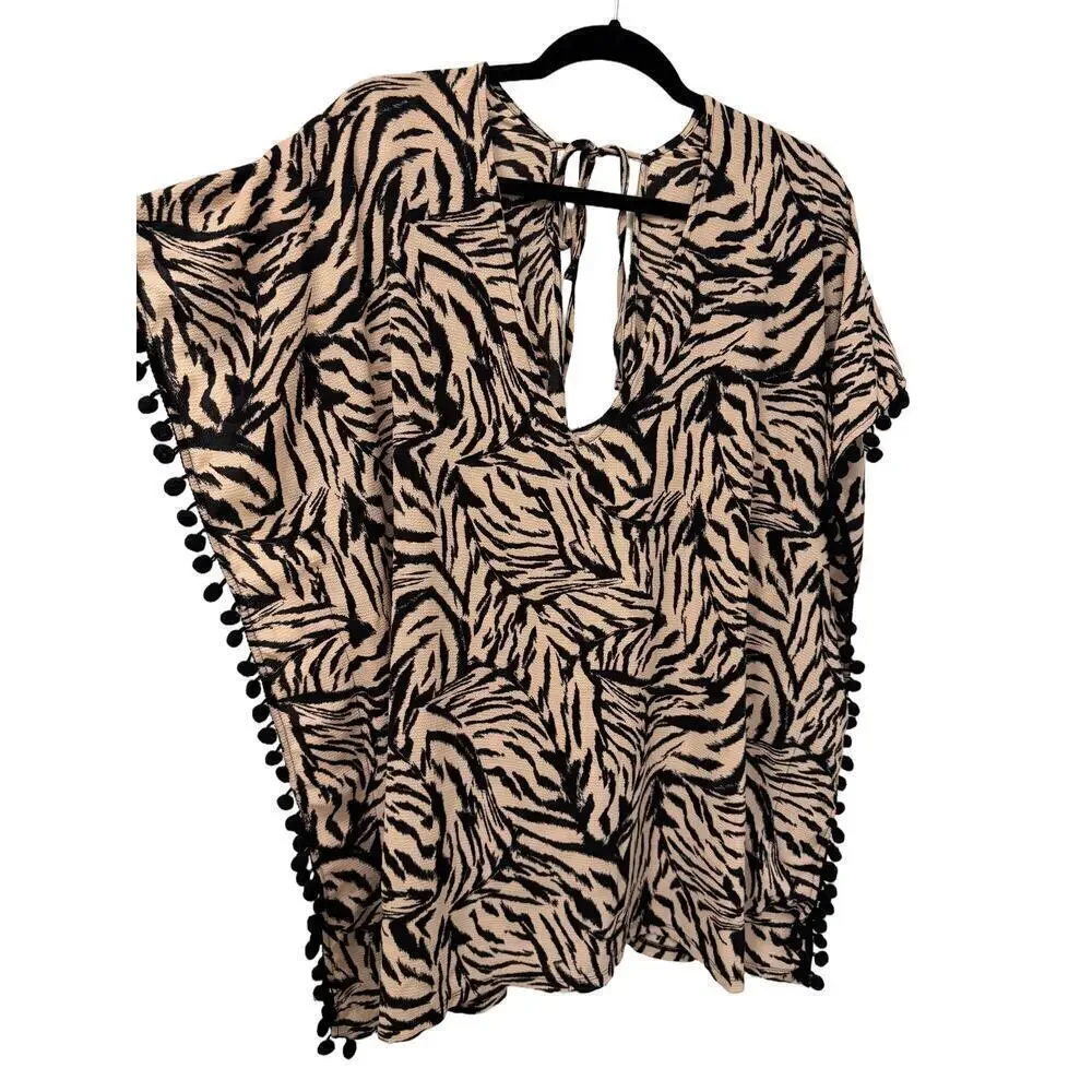Xhilaration Zebra Animal Print Pompom Boho Beach Swimsuit Cover-up Size Medium